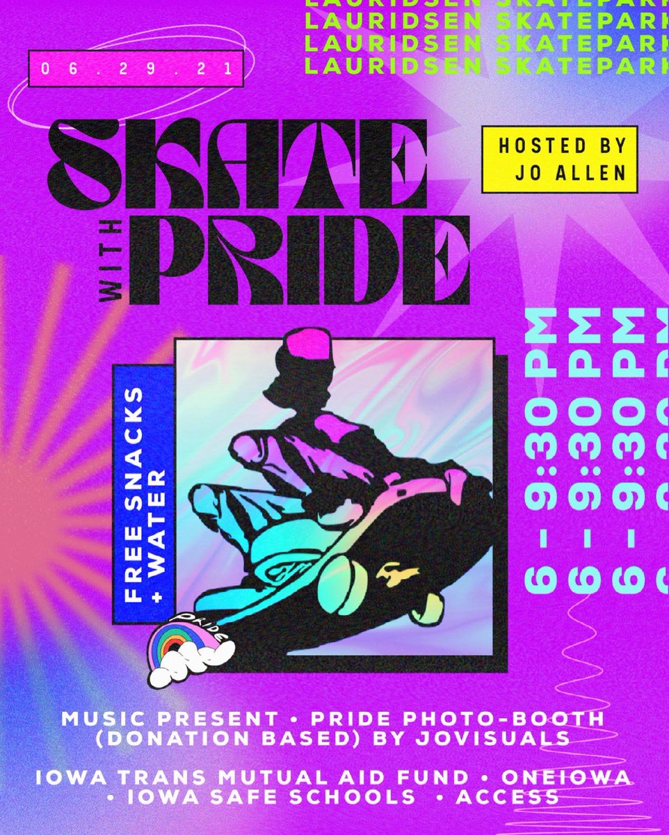 Who’s ready for Skate With Pride night🛼🏳️‍🌈? 

Roll out to Lauridsen skatepark June 29th from 6-9:30 PM for a night full of fun✨ And if you haven’t been to America’s largest skatepark, then this is the perfect time to come + check out all of the amazing skaters here in Iowa!