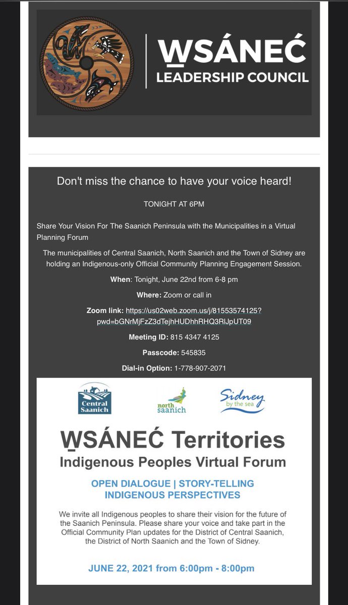 IAmCarlJensen's tweet photo. Great 2 join #WSANEC Territories Indigenous Peoples Virtual Forum to ensure that local #SaanPen First Nations have opportunity to provide input for @CSaanich @NorthSaanich & @townofsidneybc #OfficialCommunityPlan updates current underway. #csaan @CSaanichMayor #Tsartlip #Tsawout https://t.co/byyk2CXwBk