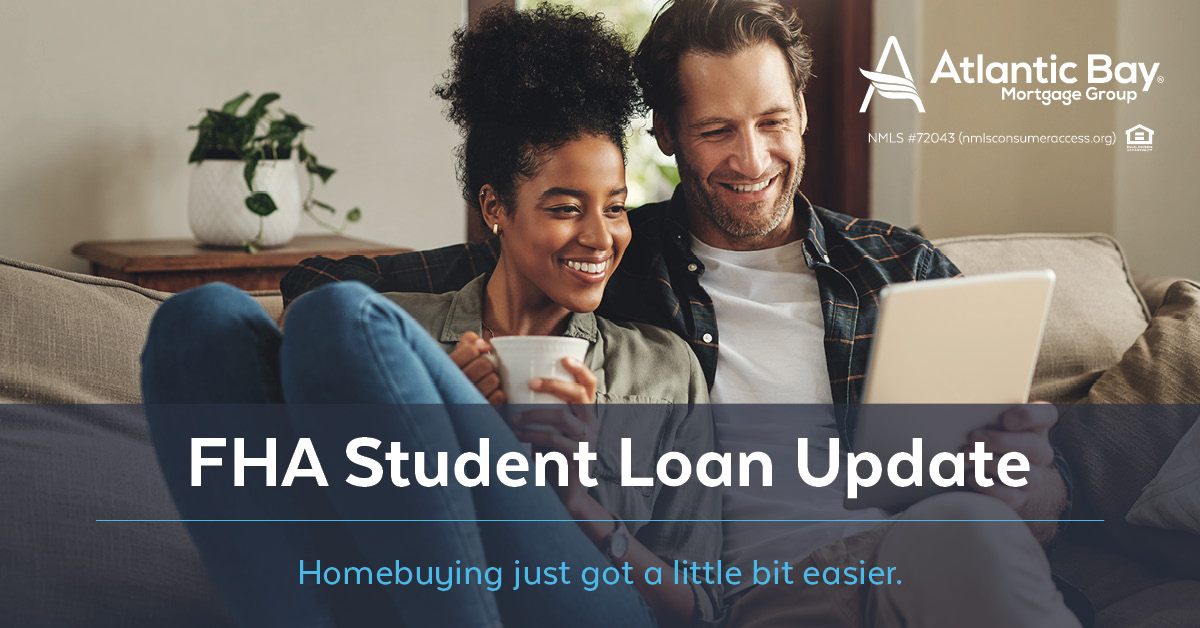 Are student loans holding you back from purchasing a home? As of June 17th, the FHA has announced updates to their policy on student loans that are a game changer! 🙌 Talk to your Atlantic Bay Mortgage Banker to learn more!