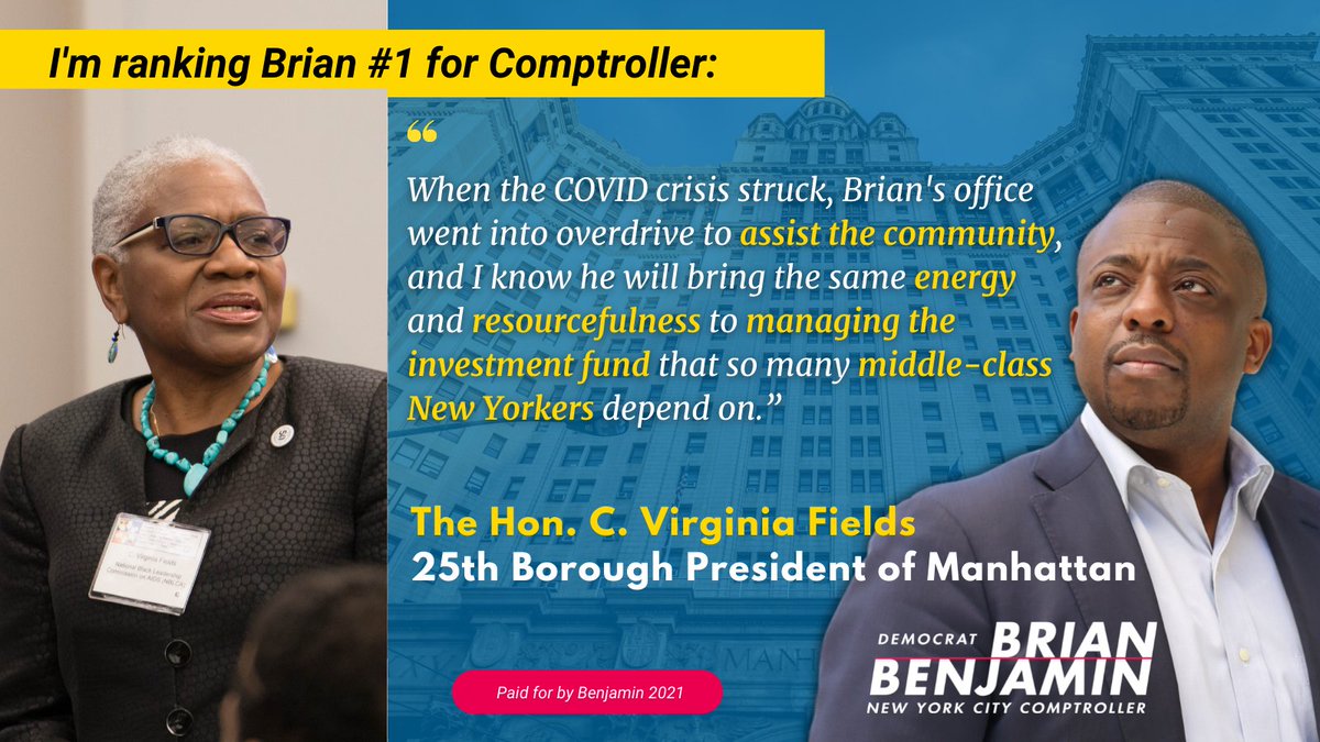 BrianBenjaminNY's tweet photo. .@CVirginiaFields is a true leader in NYC -- she's ranking me #1 because she knows we need a Comptroller who can responsibly manage our city's money.

Three hours left -- let's get out the vote folks! https://t.co/mmj20AplTJ