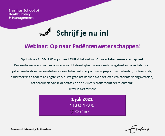 📚Op naar Patiëntenwetenschappen!

Heb jij je nog niet ingeschreven voor het webinar?
Dit kan nog! ▶️eur.nl/eshpm/registra…

Meer weten? ▶️mailchi.mp/17221466ebe4/u… 
<a href="/ESHPM_EUR/">ESHPM ErasmusUniRdam</a> #patiëntervaringsverhalen #webinar #EUR