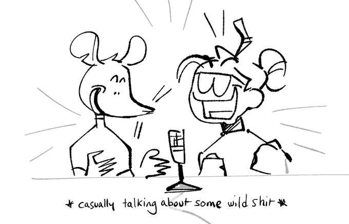 drew some bits that made me laugh from our stream last night. spent a significant amount of time doing really bad joke rp. it was a good time 🐀 