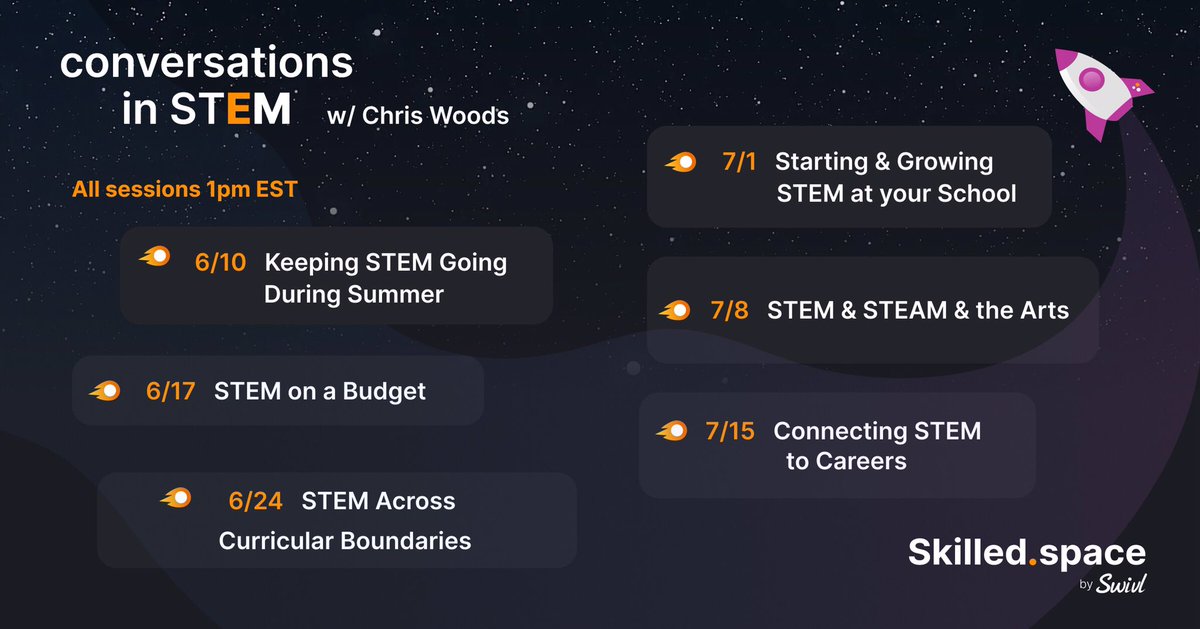 dailystem's tweet photo. Hey educators...are you interested in some #STEM conversation, ideas &amp; encouragement?

Join us 1pm EST THURSDAYs on @SkilledSpace

Just set up a free account &amp; join the conversation!
Here’s the link to join us ➡️ https://t.co/sQEkjqRLTR
(This week @shirky17 will be guest host!) https://t.co/JM41rfdDxA