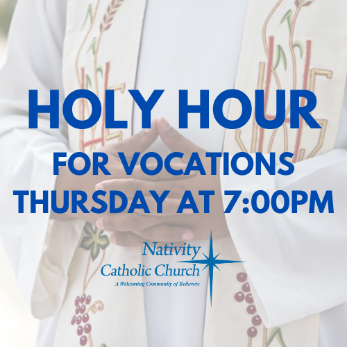 nativityFL's tweet photo. Please join us for a Holy Hour with Eucharistic Adoration &amp; Benediction as we pray for vocations to the priesthood,
diaconate, and religious life! Thursday, June 24th 7:00 PM https://t.co/EfNnaWwoxh