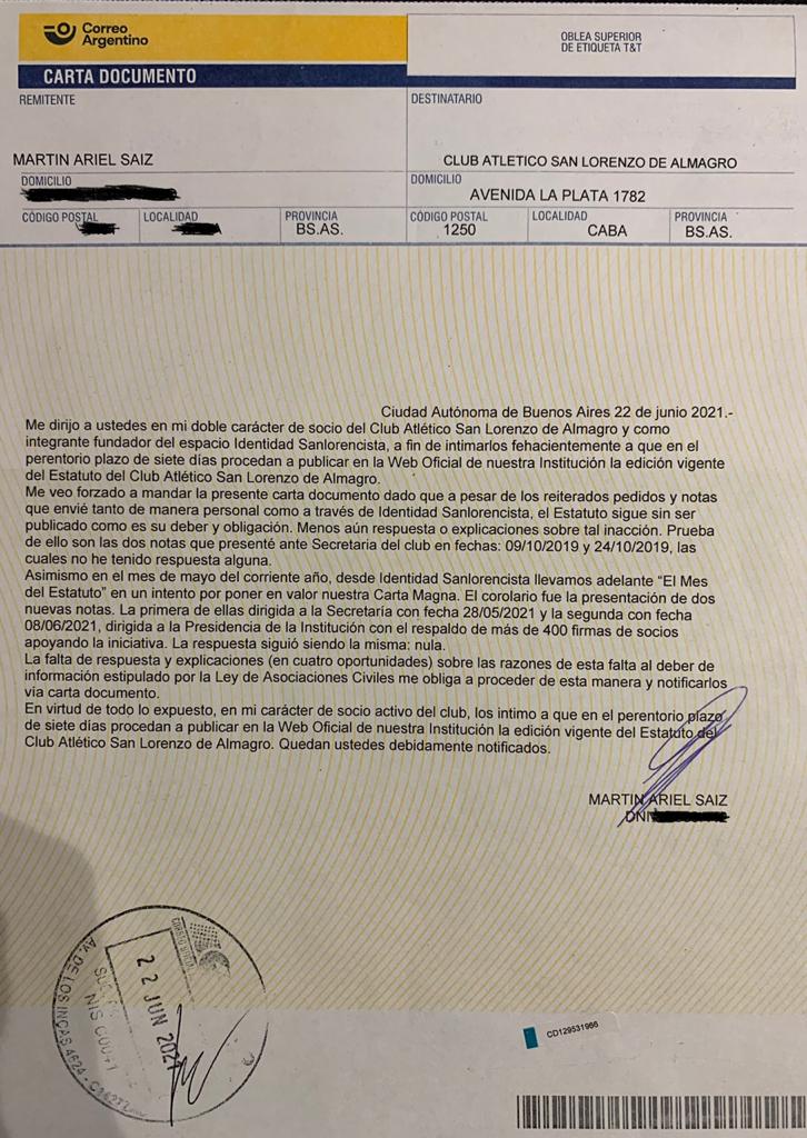 MartinSaizOK's tweet photo. Carta Documento enviada hoy a @SanLorenzo. Luego de cuatro cartas sin respuesta, seguimos intentando poner en valor el Estatuto a partir de su público acceso o bien saber por qué no podemos tener esa disponibilidad. A quienes les interese el tema, agradecemos compartir con un RT. https://t.co/0EfLO6vaWi