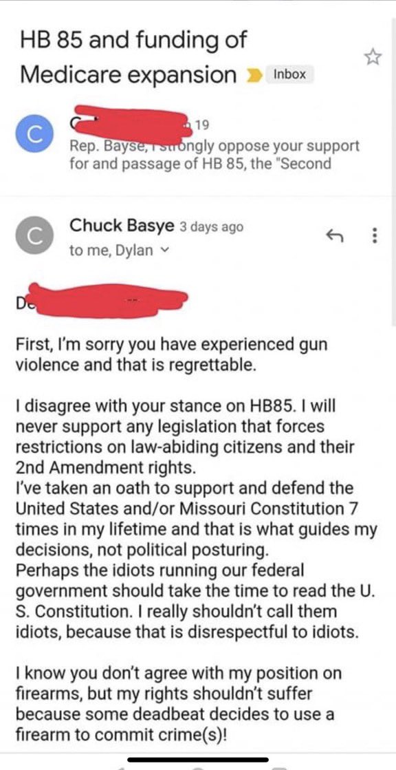 shannonrwatts's tweet image. This is an actual email a Missouri state representative sent to a constituent and gun violence survivor who opposes the passage of a bill that would nullify federal gun laws.

Imagine being this much of a dick. And then commit to running for office…

H/t @chrisehyman #moleg