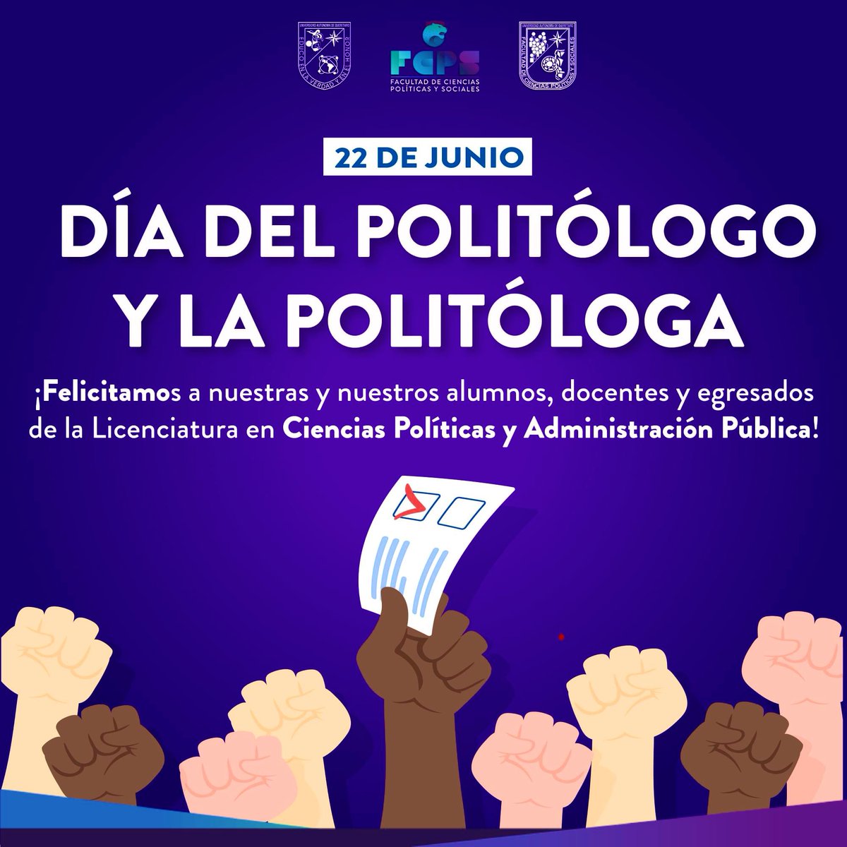 fcpsuaq's tweet photo. ¡Feliz día del politólogo y la politóloga! Especialmente a todas y todos nuestros estudiantes, docentes y egresados de la Licenciatura en Ciencias Políticas y Administración Pública. 🥳📖 https://t.co/Z68n9CcLoe