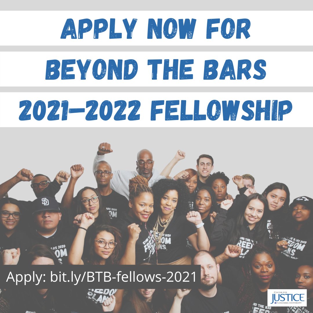APPLY NOW! We are accepting applications for 2021-2022 Beyond The Bars Fellowship! The fellowship is a certificate-based program that offers interdisciplinary leadership to deepen your analysis, skills, &amp; network towards ending mass criminalization

Apply: bit.ly/BTB-fellows-20…