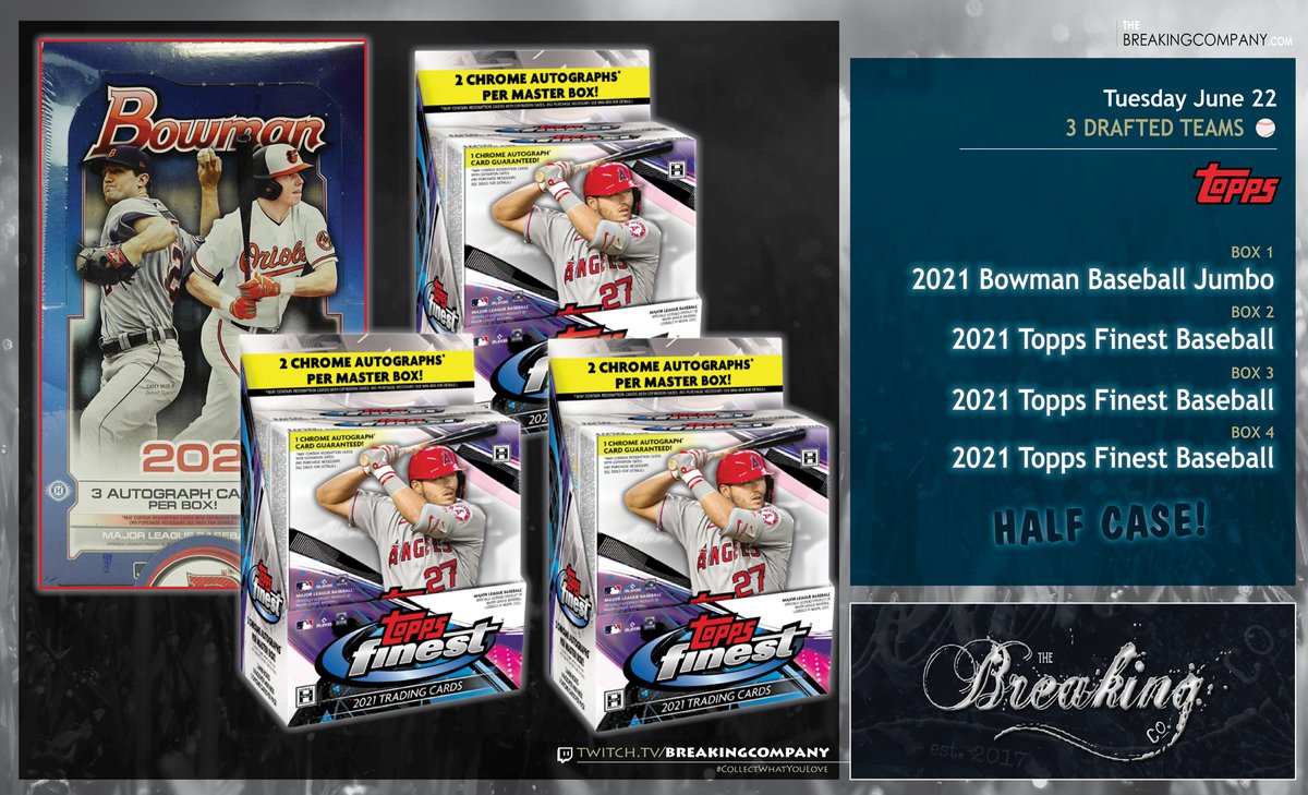 BreakingCompany's tweet image. Slots open for TONIGHT! Choose your three teams! Group breaks at their finest! 🎉

2021 Topps Finest Half Case ⬇️
thebreakingcompany.com/product-page/0…

2021 Topps Finest x3 / 2021 Bowman Jumbo ⬇️
thebreakingcompany.com/product-page/0…