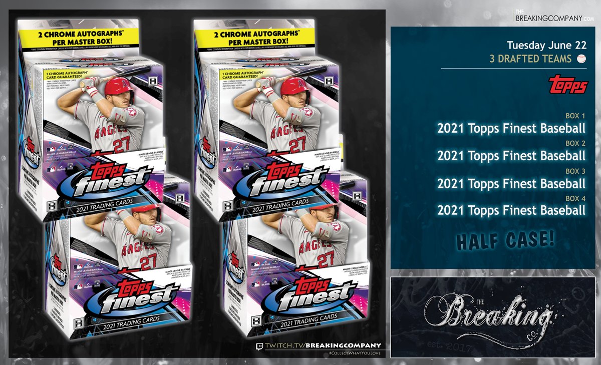 BreakingCompany's tweet image. Slots open for TONIGHT! Choose your three teams! Group breaks at their finest! 🎉

2021 Topps Finest Half Case ⬇️
thebreakingcompany.com/product-page/0…

2021 Topps Finest x3 / 2021 Bowman Jumbo ⬇️
thebreakingcompany.com/product-page/0…