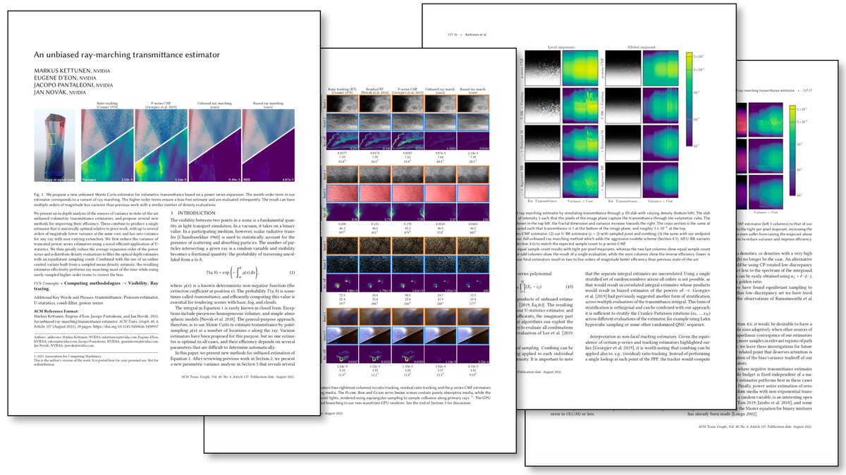 We are excited to share our <a href="/siggraph/">ACM SIGGRAPH</a> 2021 paper "An unbiased ray-marching transmittance estimator" (with @ejdeon, <a href="/jpantaleoni/">Jacopo Pantaleoni</a>, <a href="/_jannovak/">Jan Novák</a>) introducing two new MC transmittance estimators that can be 10-100x more efficient than prior methods such as ratio tracking. (1/7)