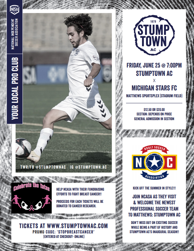 NCAdultSoccer's tweet photo. Join NCASA this Friday, June 25th at 7:00 pm at Matthews Sportsplex (Matthews, NC) to see Stumptown AC v Michigan Stars FC.
Stumptown is supporting NCASA's Celebrate the TaTas Tournament of Champions - 8v8 women's tournament to raise funds for breast cancer research &amp; treatment. https://t.co/D2exIS5WXN