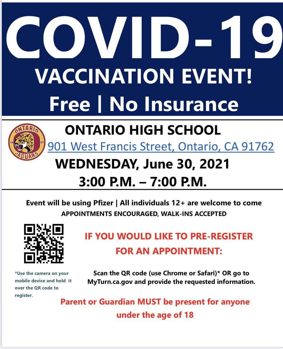 OntarioHS's tweet photo. Jaguar Families!! OHS will be hosting another Vaccination Day on campus next week June 30th from 3-7pm. This is for anyone who is 12yrs and older, if you are under 18yrs old you must have a parent/guardian with you.  https://t.co/Fls80eQjG6 to schedule, walk-ins welcome. https://t.co/eroo4ZKjBa