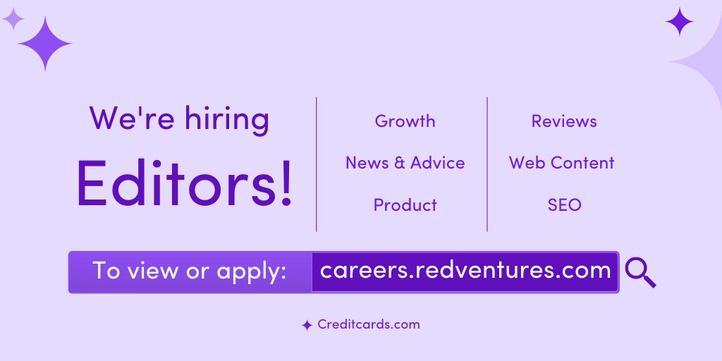 CreditCardsCom's tweet photo. https://t.co/haIkZZmUch is hiring editors! We have open editor positions across the board, so go visit https://t.co/Slo2mApiCc and apply today.
We look forward to meeting you!
#hiring #job #redventures #creditcardscom #careers #jobops https://t.co/u5BX0CJO2N