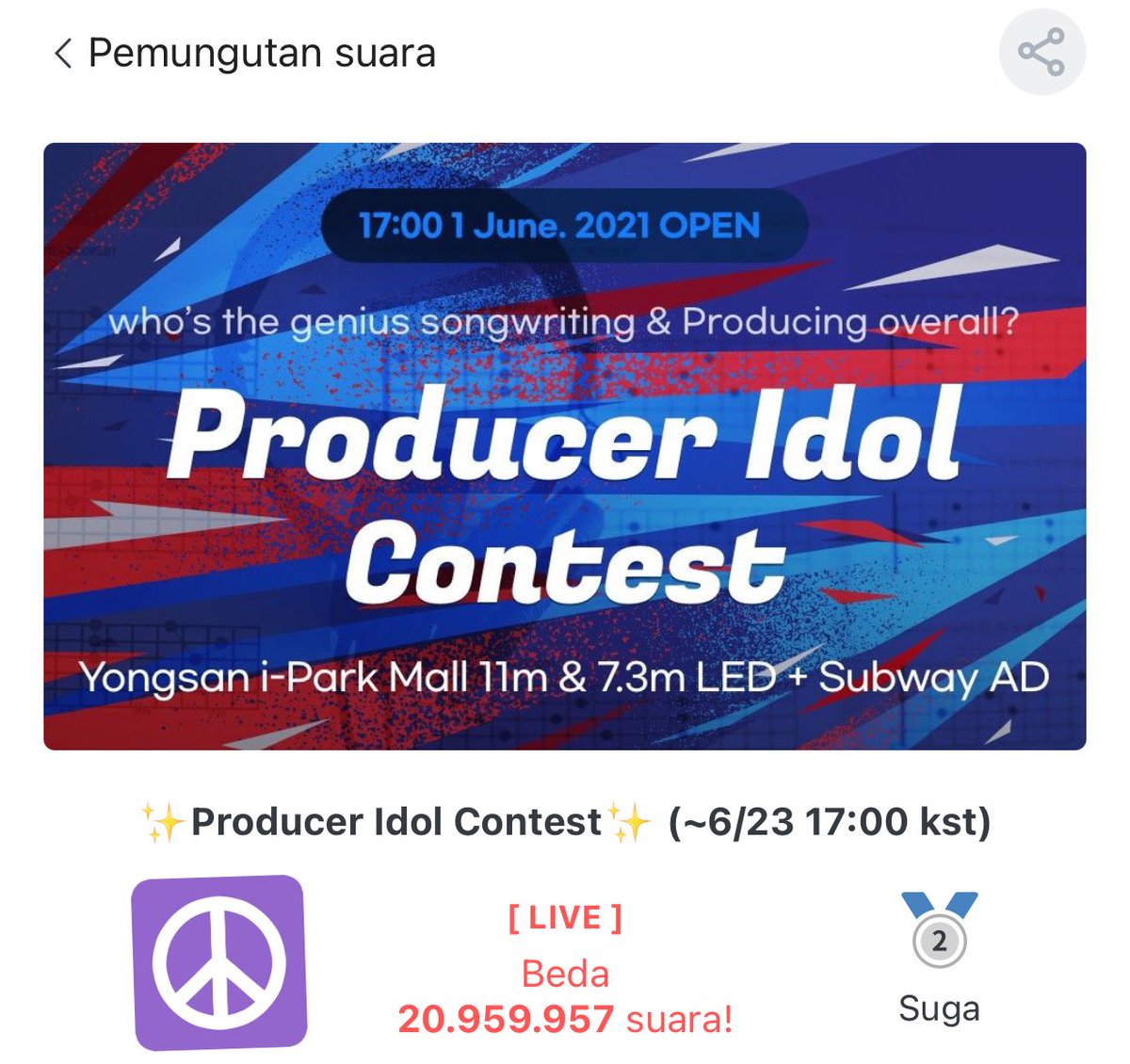 kingshadowtae's tweet photo. 🔔 SUGA on Fanplus ����
Kategori : Producer Idol Contest 

End hari ini, pukul 15.00 wib
Winner bakal dapet LED + subway AD

Cash your votes army 👇🏻
(https://t.co/htWTi4knTj) https://t.co/4wiQQTuY6g