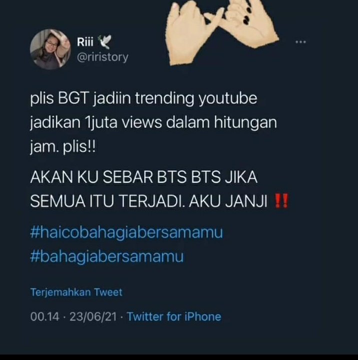 Yuk bisaaaa 1jt🤧😭😭😭
SEMANGATTT YUKKK TIM BAR² 
KITA TRENDINGKAN👏
#haicobahagiabersamamu 
#bahagiabersamamu 
#HaicoVanDerVeken 
#haizofmenuabersama