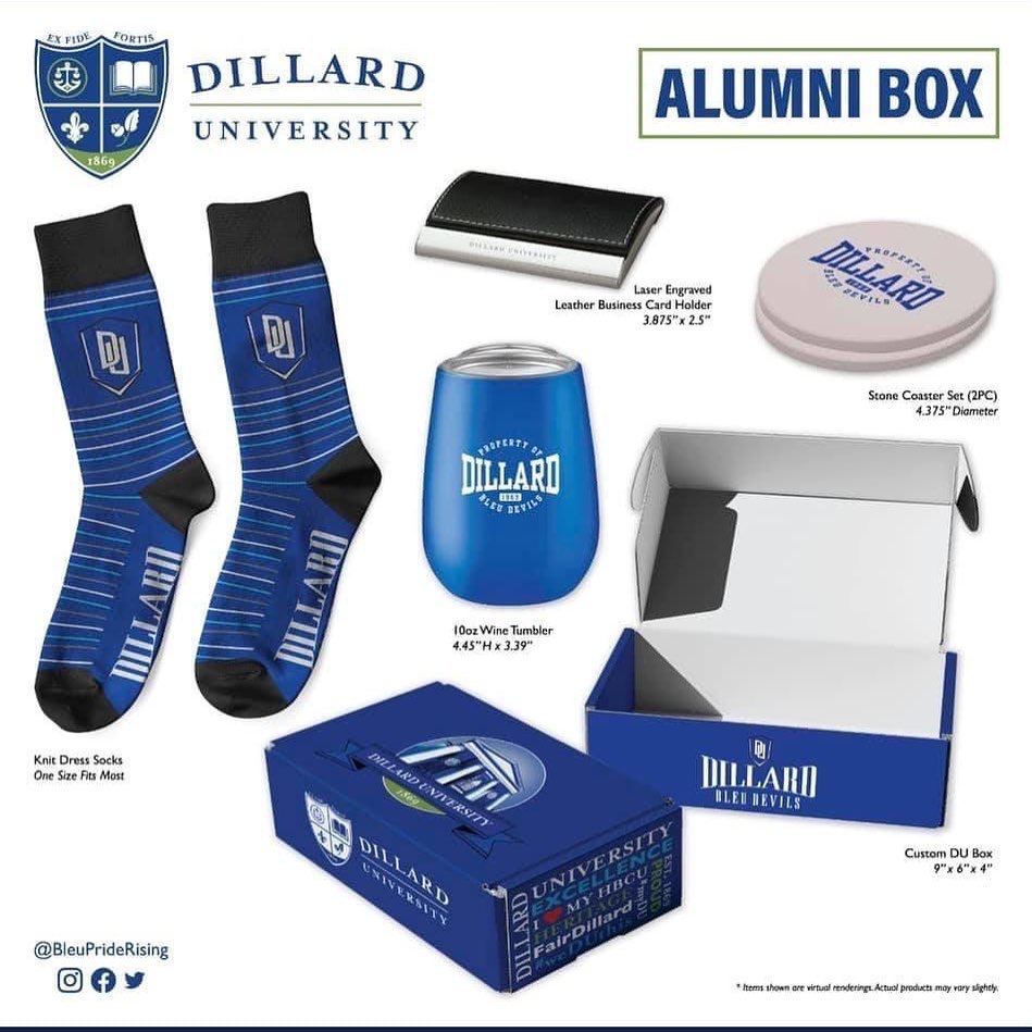 Purchase your box today!!

With the purchase of an alumni box, a portion of the proceeds will be donated to Dillard University. 

All purchases made by June 30 will count towards our goal of 30% alumni participation rate. 💙

dillard.edu/alumni_reunion…

#myDU #FairDillard