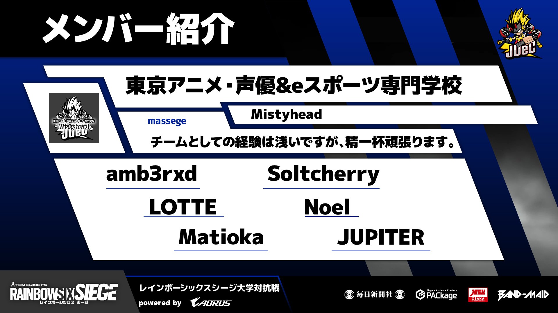 全日本大学eスポーツ対抗戦実行委員会 レインボーシックスシージ大学対抗戦 Powered By Aorus 参加校紹介 東京アニメ 声優 Eスポーツ専門学校 Mistyhead メンバー Amb3rxd Soltcherry Lotte Noel Matioka Jupiter Mistyhead のハイライトは