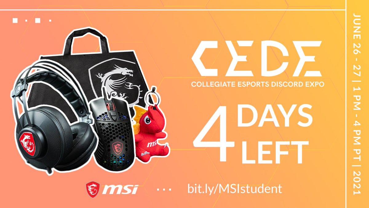 UniGameNetwork's tweet image. 🚨 4 days left 🚨

Thanks to our amazing sponsor @msiUSA, Collegiate Esports Discord Expo attendees can win MSI peripherals, plushies, and bags!

Get a head start here: bit.ly/CEDEraffle
