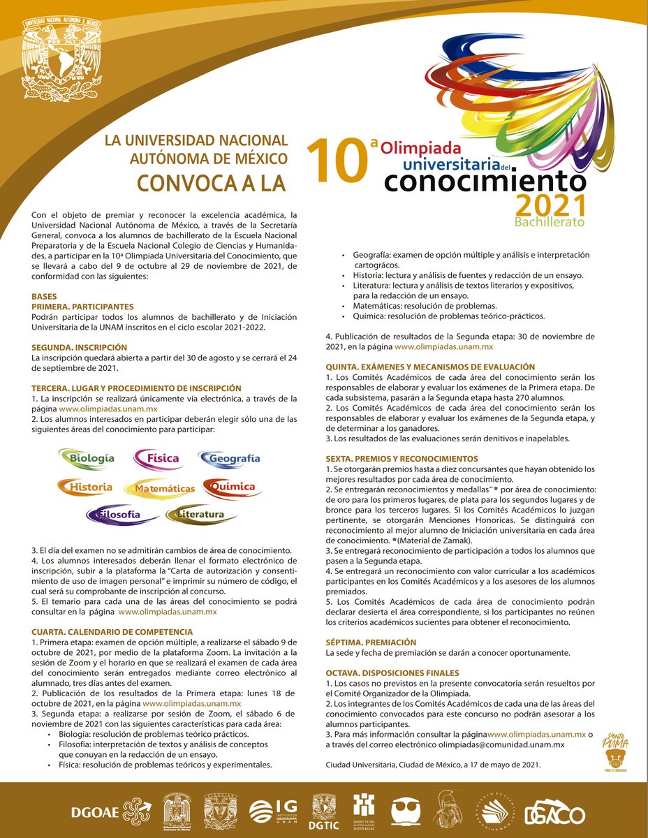 CCHUNAM's tweet photo. CCH invita a la 10ª Olimpiada Universitaria del Conocimiento que se llevará a cabo del 9 de octubre al 29 de noviembre de 2021. Podrán participar los #CCros inscritos en el periodo 2021-2022.

@CCHAzcapoUNAM @pulsocchn @CCHVallejo_Ofi @CCHOte_UNAM @cchsur_oficial https://t.co/r8Kv3Cn7rd