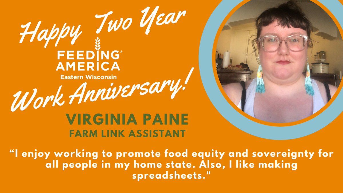 FeedAmericaWI's tweet photo. Happy June Work Anniversary to our Farm Link Assistant, Virginia Paine! Thank you for playing a huge part in making farm fresh fruits and vegetables accessible to our neighbors in need. #SolvingHungerLocally #FarmLink #WisconsinFarms https://t.co/MxYVkSGkhq