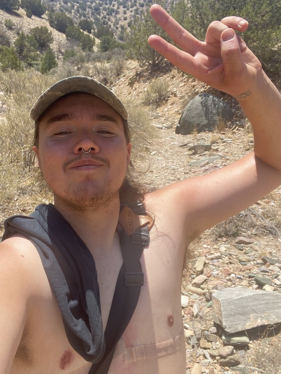 Nest searching for #GrayVireos without a shirt or binder hits different...! 
as promised, topless selfies in the desert 🏜 🐦 🪨 
#TransInSTEM #QueerInSTEM #PRIDE