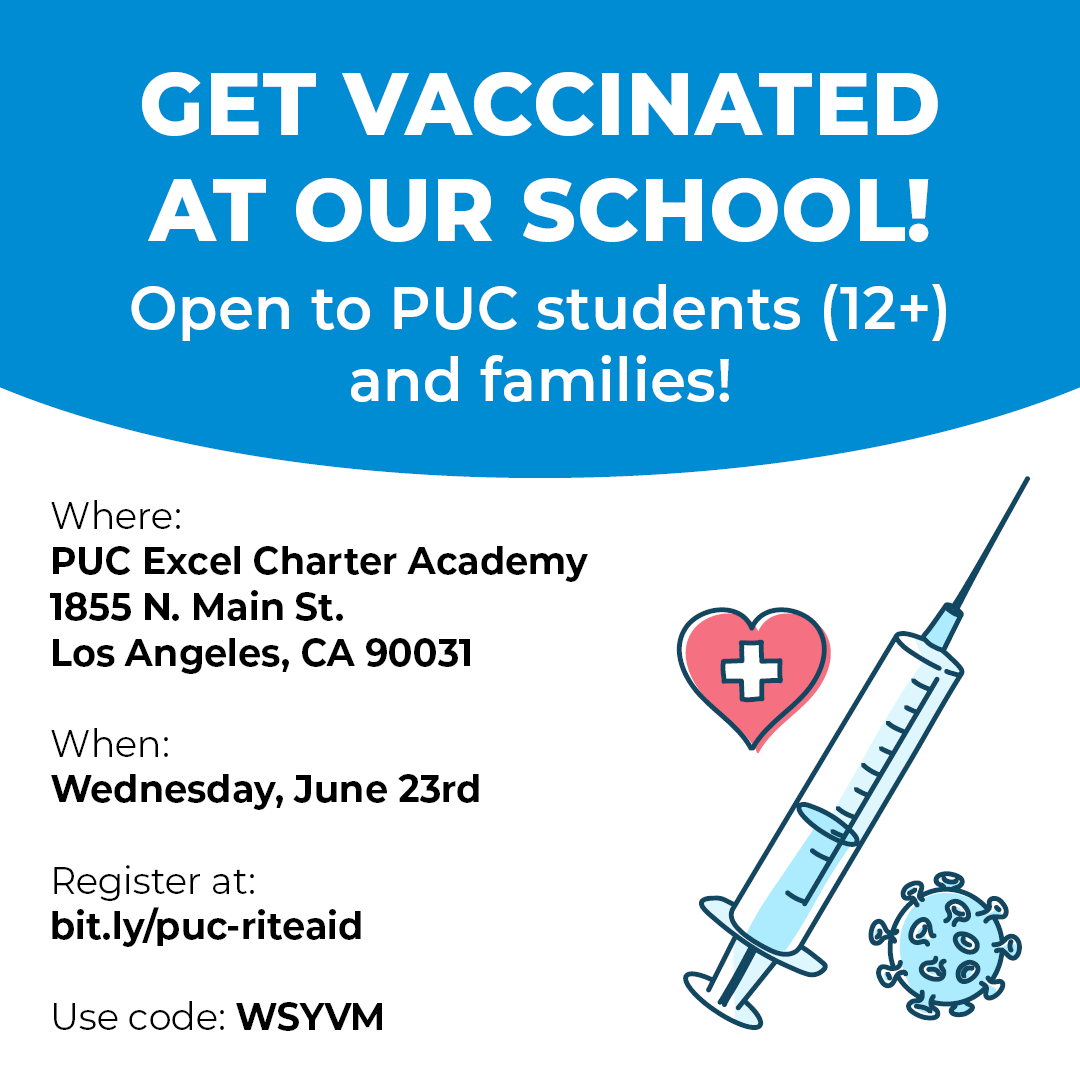 PUCExcel's tweet photo. Get vaccinated (for free!) on our campus on June 23rd! Open to everyone 12 &amp; older! Register today at https://t.co/dIGLQRKVNB using code WSYVM.

¡Vacúnese (gratis) en nuestro campus el 23 de junio! ¡Abierto para todos los mayores de 12 años! Regístrese hoy con el código WSYVM. https://t.co/py5HLHa8Jl