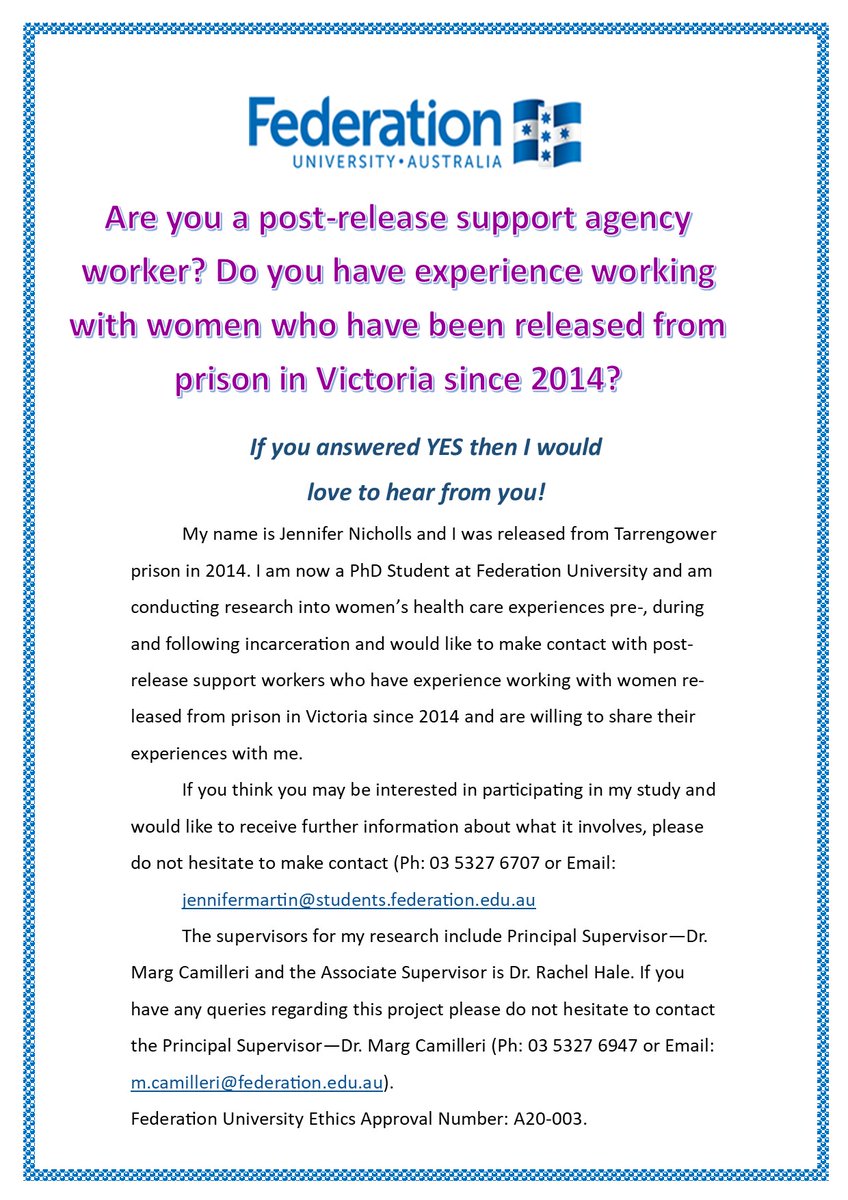 JennoN52's tweet photo. I am still seeking participants for my PhD project: Women's experiences of health care pre, during and post incarceration. If you are a post-release support worker or a woman released from prison in Victoria from 2014 onwards I would love to hear from you.#criminaljustice https://t.co/ocAANoCq4s
