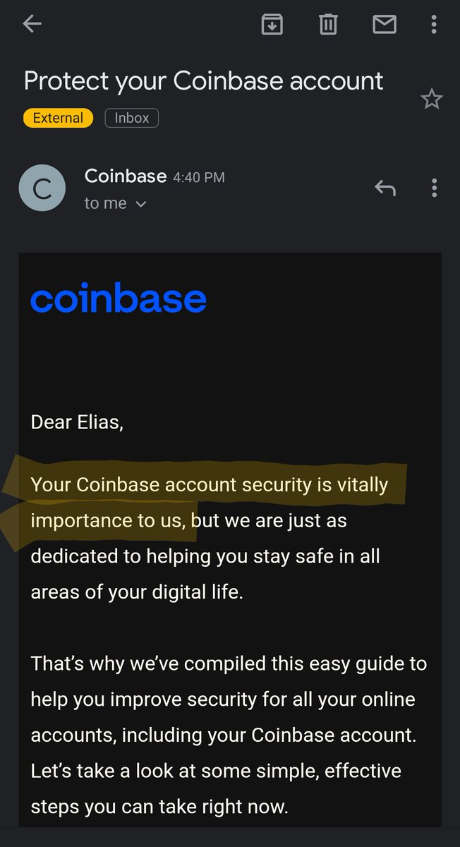 eliasaoude's tweet photo. @coinbase out here sending legitimate security emails that read like phishing attempts. 🤦‍♂️ #vitallyimportance #crypto #proofread https://t.co/darfP2P8aS