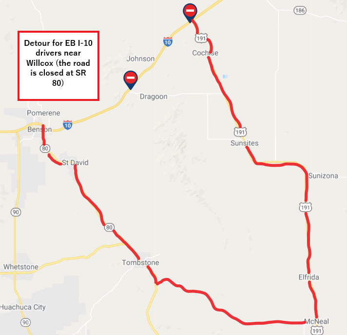 ArizonaDOT's tweet image. #ICYMI - I-10 is closed in both directions near Willcox, due to the #WalnutFire. If you can't postpone travel in the area, please be advised:
EB: Off at SR 80 -&amp;gt; Davis Road (east) -&amp;gt; US 191 NB -&amp;gt; I-10
WB: US 191 SB -&amp;gt; SR 80 WB -&amp;gt; I-10

#I10 #Willcox #aztraffic
