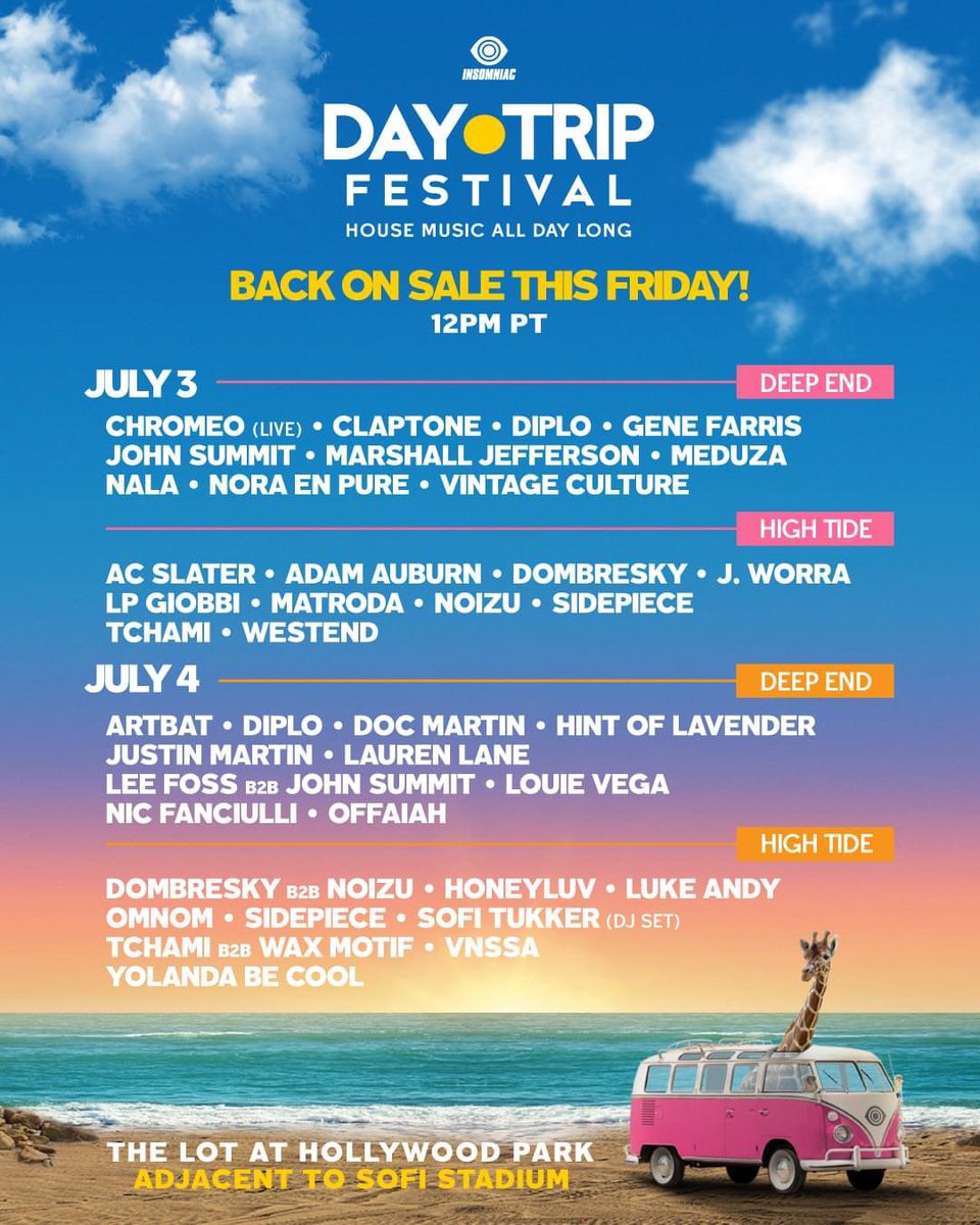 New venue location = MORE TICKETS AVAILABLE! Tickets go back on Sale this Friday at 12pm PT daytripfest.com  So don’t miss out on this celebration, 4th of July Weekend. <a href="/insomniacevents/">Insomniac Events</a> <a href="/daytripla/">Day Trip ☀️</a> #DayTripFestival 🍹🌴