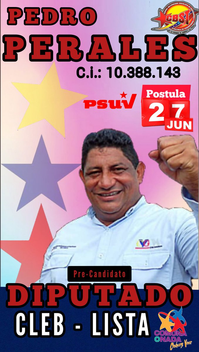 Postulame y apóyame este #27Junio precandidato a DIPUTADO Del Consejo Legislativo Del Estado #Bolivar Por los #Trabajadores #Venceremos <a href="/NicolasMaduro/">Nicolás Maduro</a> <a href="/dcabellor/">Diosdado Cabello R</a> <a href="/eduardopiate2/">eduardo piñate</a>