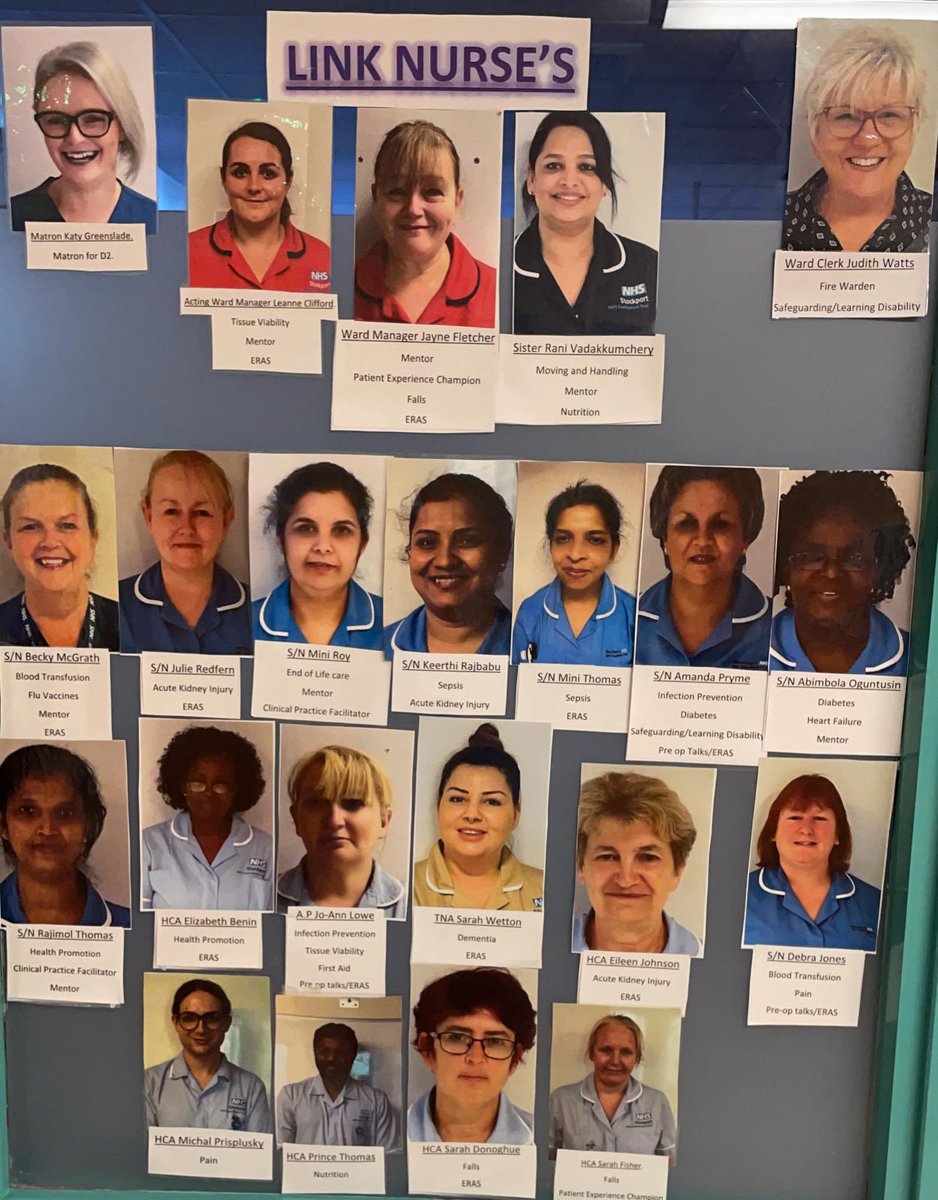 Our Link Nurse Board is more or less complete! Just a couple of more of our staff to add on. Visible to our patients, and visible for all of our staff. @greenkaty13 @lynneva76860328 @StockportNHS @NicolaFirth6