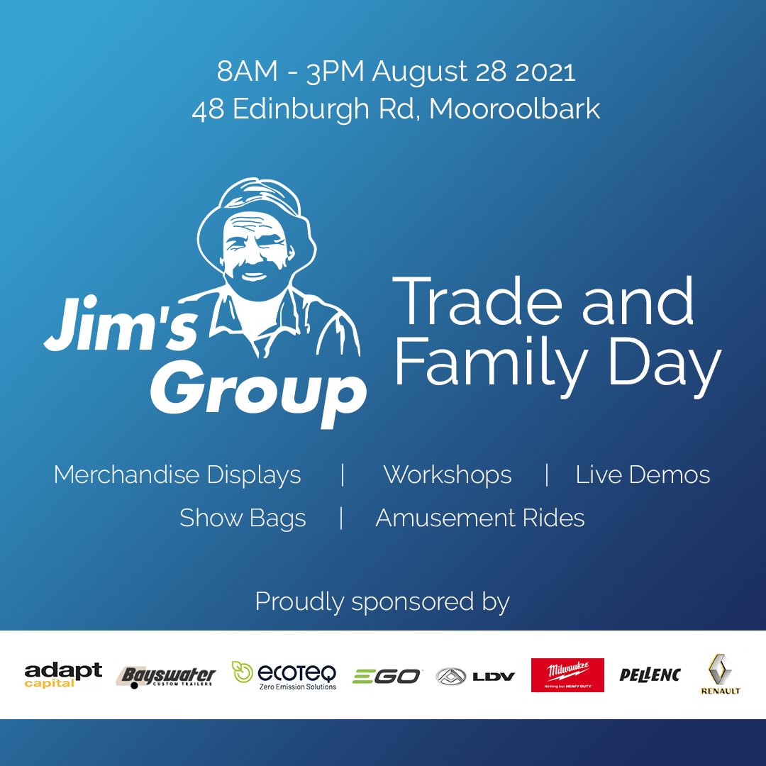 Thejimpenman's tweet photo. **NEW DATE SATURDAY 28th AUGUST 2021 - 8AM - 3PM** Due to restrictions in VIC, we have had to change the date of our Jim's Group Trade &amp; Family Day to Saturday 28th August 2021 - 8AM - 3PM. 

#jims #jimsgroup #yourlocalexpert https://t.co/WvAWsYpkMf