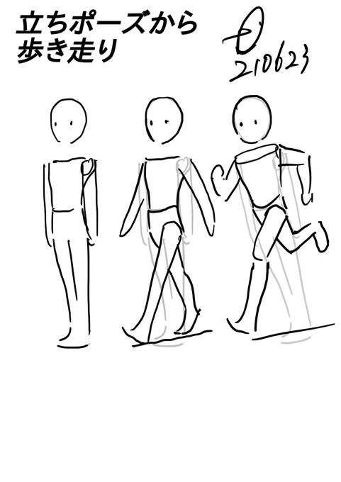 歩き走りは立ちポーズから描く!!
斜めの歩き走りは空間が無視できないので難しい。
そこで「斜めの立ちポーズ」からしっかり空間を意識して描く。
その上で手足の振りや重心を意識しれば歩きや走りになる。
難易度は「立ち」<「歩き」「走り」なのでまずは簡単なところからしっかりおさえる。 