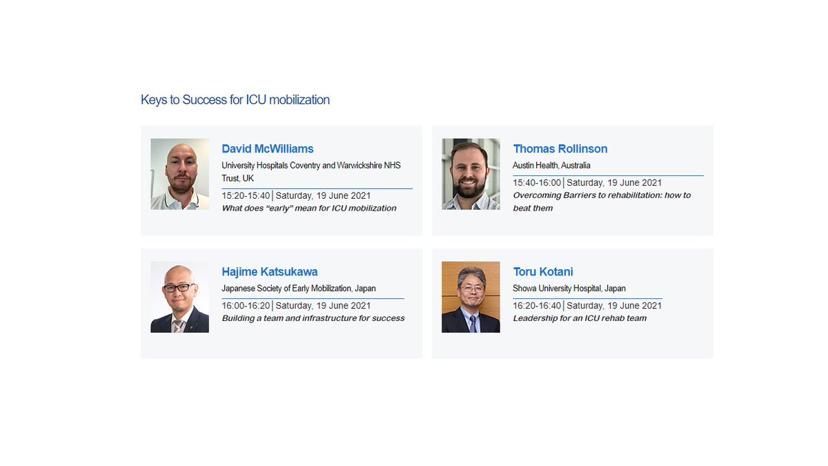 Thank you to our Sat. speakers: <a href="/DrDaleNeedham/">Dale Needham, MD, PhD</a> Dr Jonathan Tan, <a href="/SueBerney/">Dr Sue Berney</a> Dr. Hong Mei Zhao, <a href="/Davido744/">Prof David McWilliams</a> Prof. Sang-Bum Hong, Keibun Liu, <a href="/WesElyMD/">WesElyMD</a> <a href="/NydahlPeter/">Peter Nydahl</a> @AnnEkedahl <a href="/tomrollinsonPT/">Thomas Rollinson</a> <a href="/DrKatzKatsukawa/">Hajime Katsukawa</a> and Dr. Toru Kotani