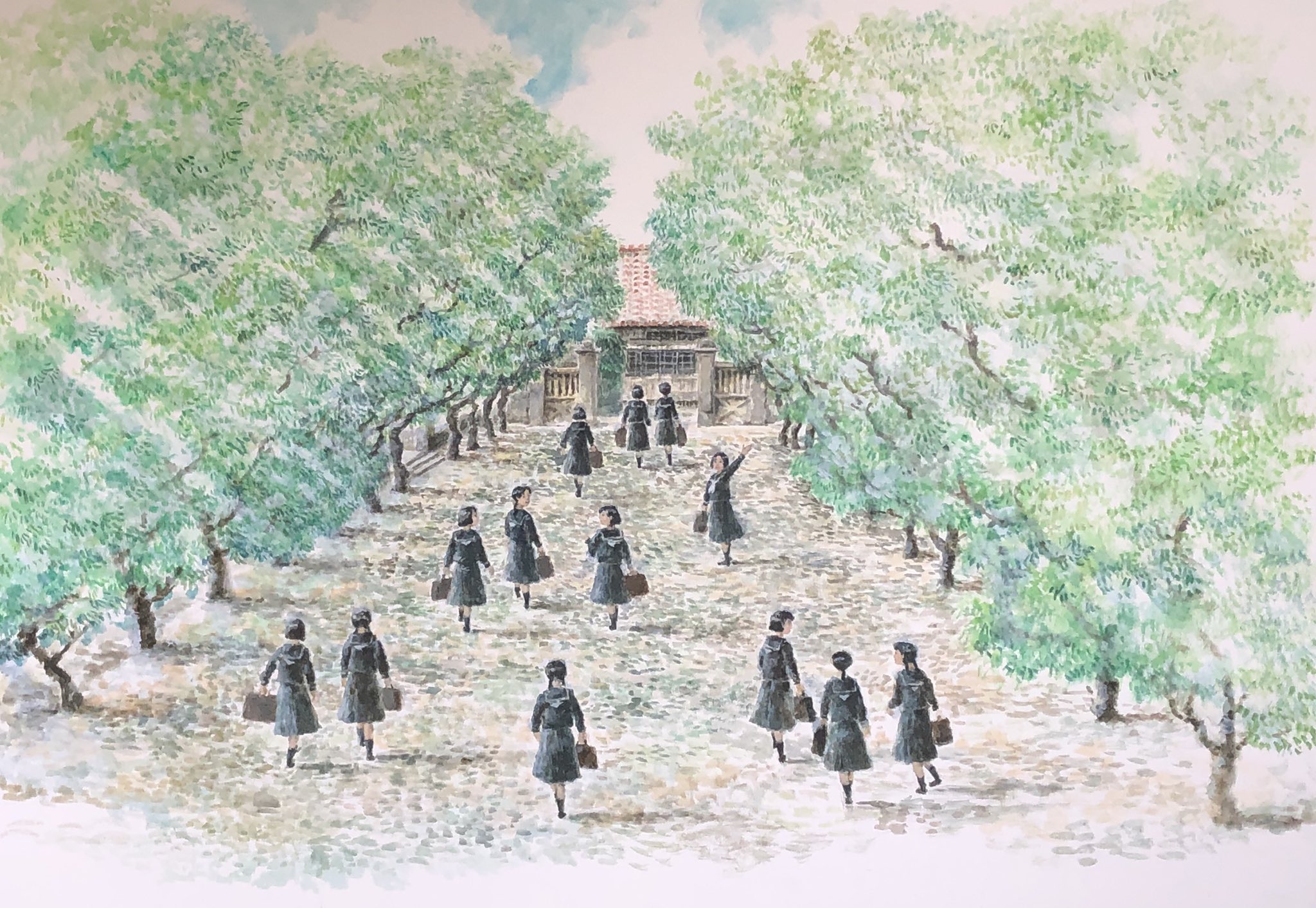 Kenkaizu よたか堂 4 12リニューアルオープンしたひめゆり平和祈念資料館の展示用に大判のイラストを描かせて頂きました T Co Ayi06ijtbi こちらはかつての学園の校門前の並木道を描いたイラスト 制作途中の画像 T Co Kdt2qdzvbm