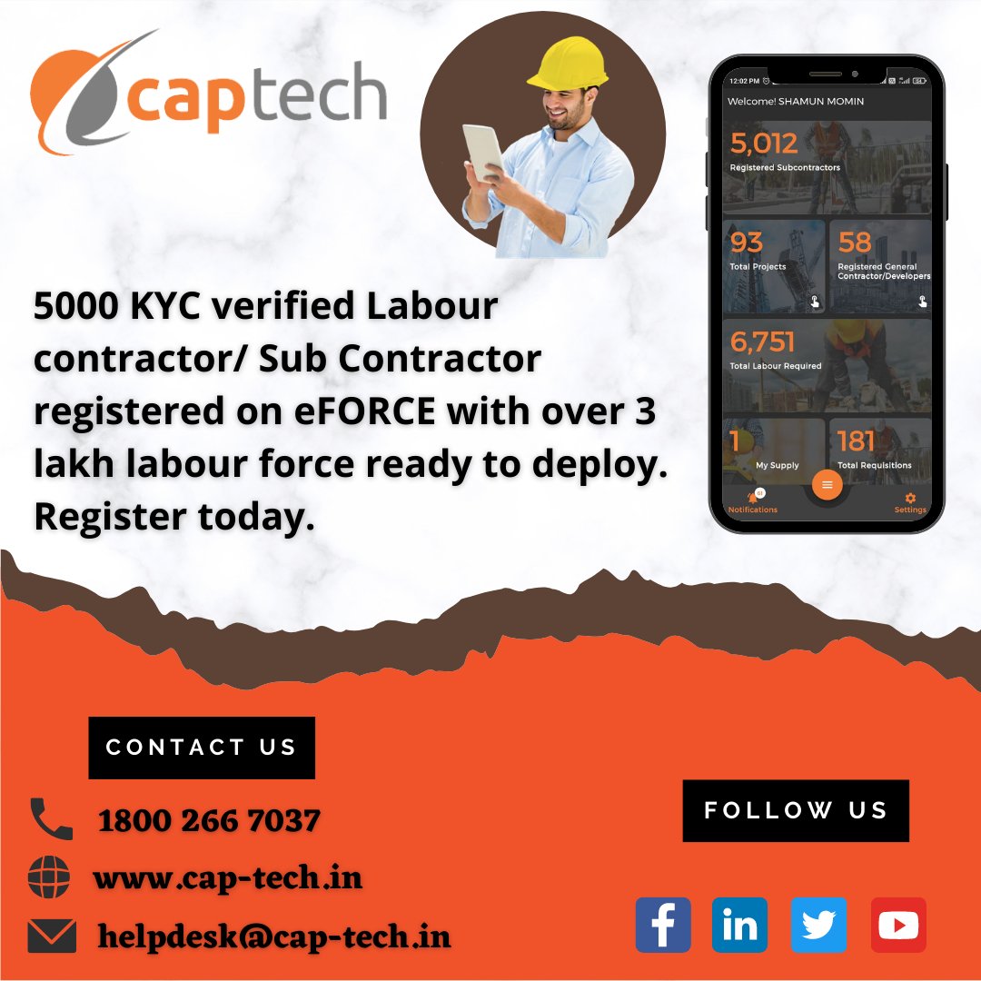 CaptechT's tweet photo. हमारे eFORCE ॲप्लिकेशन पर 5000 से भी ज्यादा KYC वेरिफाइड लेबर कॉन्ट्रैक्टर/सब कॉन्ट्रैक्टर है, उनके पास 3 लाख से भी ज्यादा लेबर हैं. आप सही सब कॉन्ट्रैक्टर/लेबर कॉन्ट्रैक्टर की खोज मे हैं, तो बिना समय गवाए आप हमारे वेबसाईट पर प्री रजिस्ट्रेशन कर सकते हैं.
 https://t.co/OfaAFNMhIH https://t.co/G9OpJzMQFt