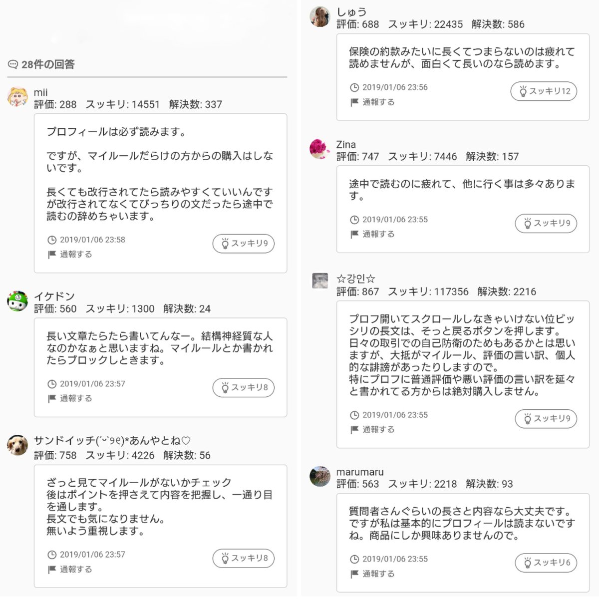 kkaarrookkoo's tweet photo. メルカリボックスで見かけた「商品を購入する時に出品者のプロフィールが長いと買うのに躊躇しますか？」という質問に寄せられた回答 https://t.co/ABt6ETw8Re