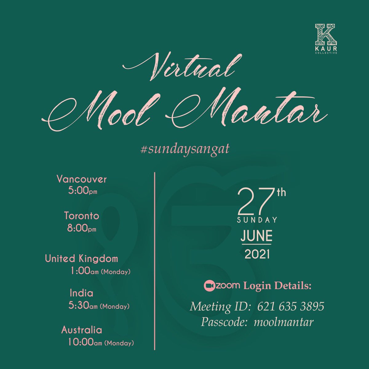 KaurCollective's tweet photo. Week 2 of this initiative. 

Led by Devinder (Piya) Kaur (a young sevadaarni looking to give back and develop her leadership) 

Review from last week, “MM session was the highlight of my week” - Mandy Kaur 

Join us! ❤️🙏🏾 
#sundaysangat #moolmantar https://t.co/M7iOzWcGJK