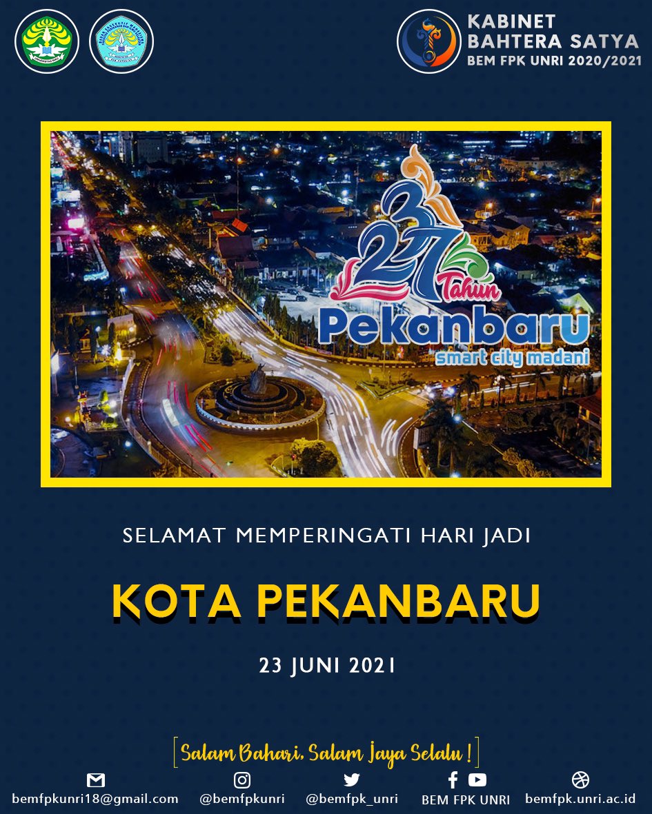 BEMFPK_UNRI's tweet photo. [ HARI JADI KOTA PEKANBARU KE 237 ]
•
Assalamualaikum warahmatullahi wabarakatuh.
Hidup Mahasiswa!
Salam Bahari, Salam Jaya Selalu!
•
Tanggal 23 Juni diperingati sebagai hari jadi kota Pekanbaru yang tahun pada tahun 2021 ini, menginjak umur ke 237 Tahun. https://t.co/PzlKBoBdK2