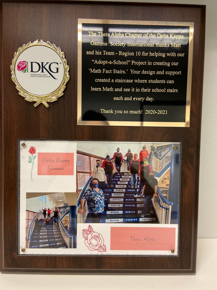 KendallHasse's tweet photo. Donna gave Matt  @Region10ESC the Thank You plaque for helping DKG 🌹 Theta Alpha &amp; @arcadiaparkele1 Arcadia Park Elementary @dallasschools @DallasISDMedia w Math Facts Stairs Project with DKG ASTEF grant money.  @DKG_SI #ThetaAlpha #ASTEF @DallasISD_News #Community #Service https://t.co/b3bKwR2K5f