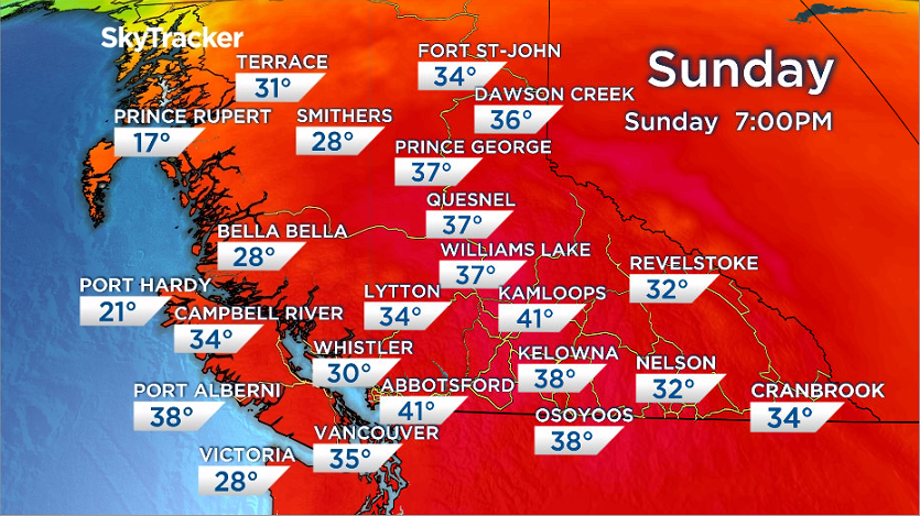 KGordonGlobalBC's tweet photo. Potentially dangerous heat wave on the way this weekend. Some areas could reach 40 degrees C. The heat will begin Friday and could last through Tuesday. @GlobalBC #BCStorm https://t.co/fDoGGBkeD7