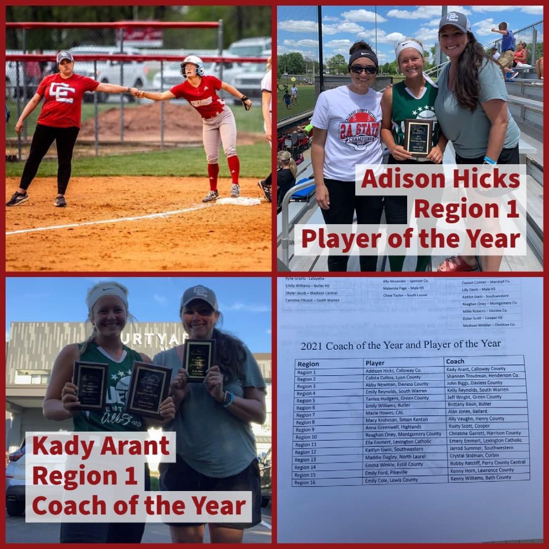 The Kentucky Softball Coaches Association voted Coach Kady Arant the Region 1 Coach of the Year and Adison Hicks the Region 1 Player of the Year! They were recognized at the East-West All Star series today at South Warren High School.