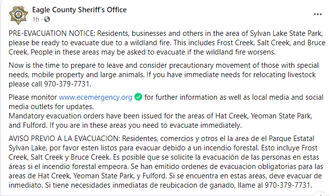 CEDRdigital's tweet photo. ⚠️Pre evacaution notice #EagleCO #SylvanCreekFIre
Area near Sylvan Lake State Park. This includes Frost Creek, Salt Creek, and Bruce Creek.
⚠️Aviso previo a la evacuación para el área cercana al Parque Estatal Sylvan Lake. Esto incluye Frost Creek, Salt Creek y Bruce Creek. https://t.co/QXPUUYykVi
