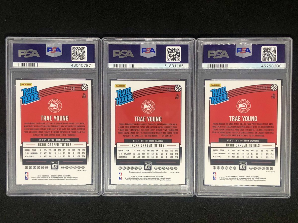 PackGeek's tweet image. To celebrate the miracle Trae Young has pulled off this season, I decided to post my own Ice Cold Miracle. Through collector tenacity, patience and tons of luck I was able to put these three PSA 10s together, but that’s not the kicker - they are all Jersey numbered! #WeMove ❄️🥶