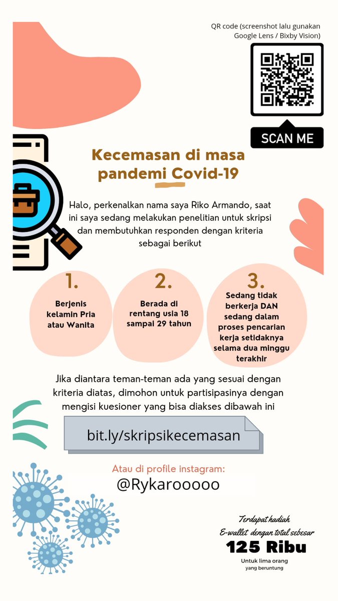 @liputankerja Halo admin, maaf numpang promosi ya
Perkenalkan nama saya Riko Armando, mahasiswa fakultas psikologi universitas pancasila yang saat ini mengerjakan skripsi

Jika ada yang memiliki kriteria yang sesuai bisa tolong isi kuesioner saya di link bit.ly/skripsikecemas… terimakasih min