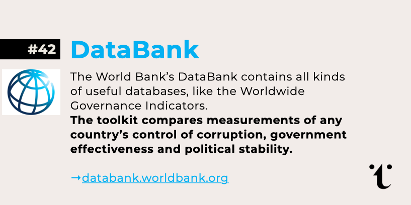 allthecitizens's tweet photo. #42/50 of our daily #OpenSourceToolkit comes from @WorldBank

The World Bank DataBank has info on everything from gender stats to global public sector debt. We recommend the Worldwide Governance Indicators, which measure things like control of corruption

https://t.co/OZnFp2eOSr https://t.co/sPJQkutvO9