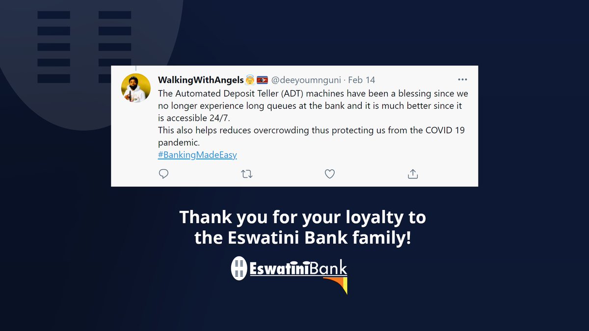 EswatiniB's tweet photo. We love to see this @deeyoumnguni!
Please inbox us your contact details, we have a surprise for you.
#EswatiniBank #LibhangeLesive #ApprecitionPost #Eswatini https://t.co/ktI0rTt41f