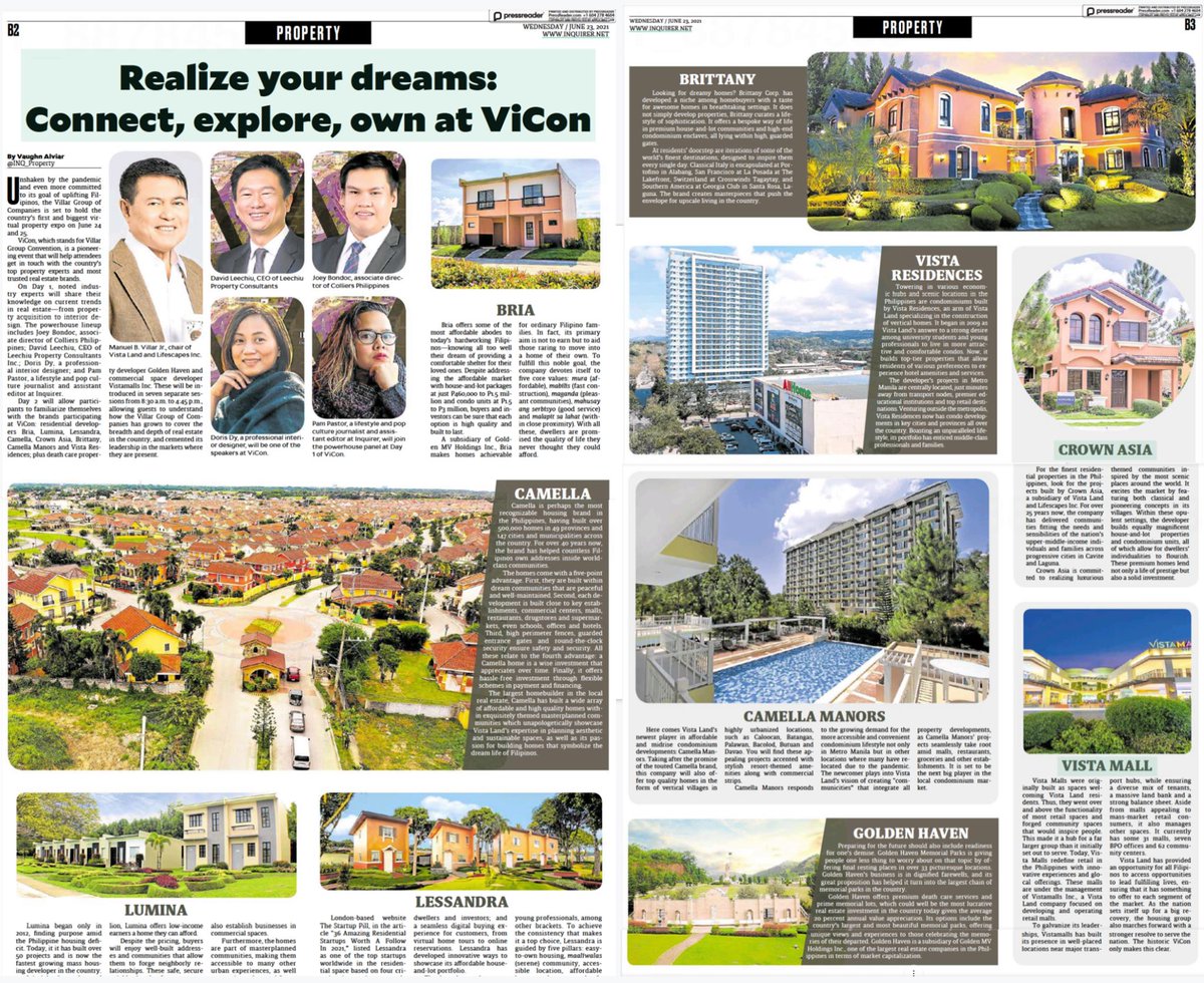 CrownAsiaProp's tweet photo. Realize your dreams: Connect, explore, own at ViCon
Check out our issue of #InquirerProperty today. Simply download the Philippine Daily Inquirer digital newsstand (https://t.co/SNUrvYMmUb)
https://t.co/OYHkVO8spo
#CrownAsiaByVistaland #ViCon https://t.co/5rkKt86P2U